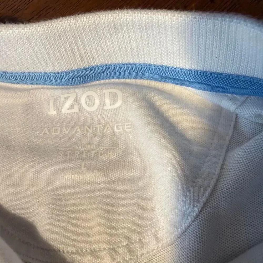 Izod white, light blue, and lavender horizontal striped polo shirt. Size L